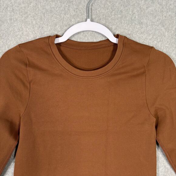 OQQ Shirt Womens Medium Brown Ribbed Basic Yoga Tight Base Layer Neutral Stretch - Picture 3 of 8